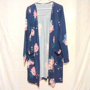 Ecowish Blue Floral Longline Open-Front Duster Kimono XL Boho Cottagecore Layer